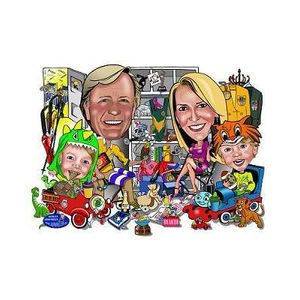 Family cartoon portrait, with about 75 requested items in the picture!