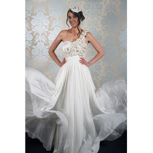 Silk chiffon gown embellished with flowers and crystals
