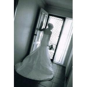 White silk fishtail gown with silver Italian lace