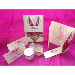 Wedding stationery, menu, place card and matching candle bomboniere