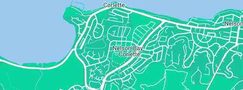 Map showing the location of Newcastle Blinds & Awnings in Corlette, NSW 2315