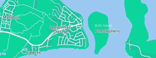Map showing the location of Lemon Tree Marina in Lemon Tree Passage, NSW 2319