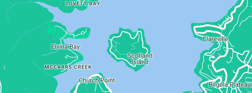 Map showing the location of Bullock GBVB Pty Ltd in Scotland Island, NSW 2105
