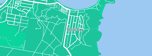 Map showing the location of Shearwater At Shoal Bay Guest Cottages in Shoal Bay, NSW 2315